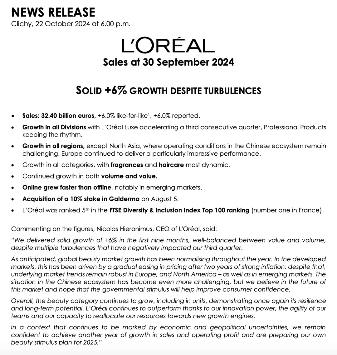 欧莱雅24年第三季度中国业务表现
