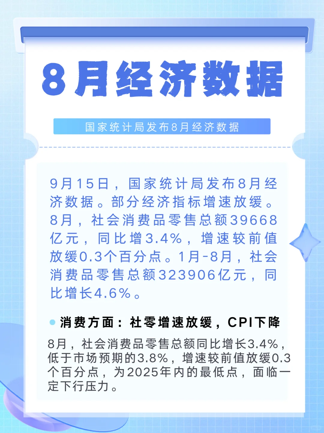 国家统计局发布8月经济数据