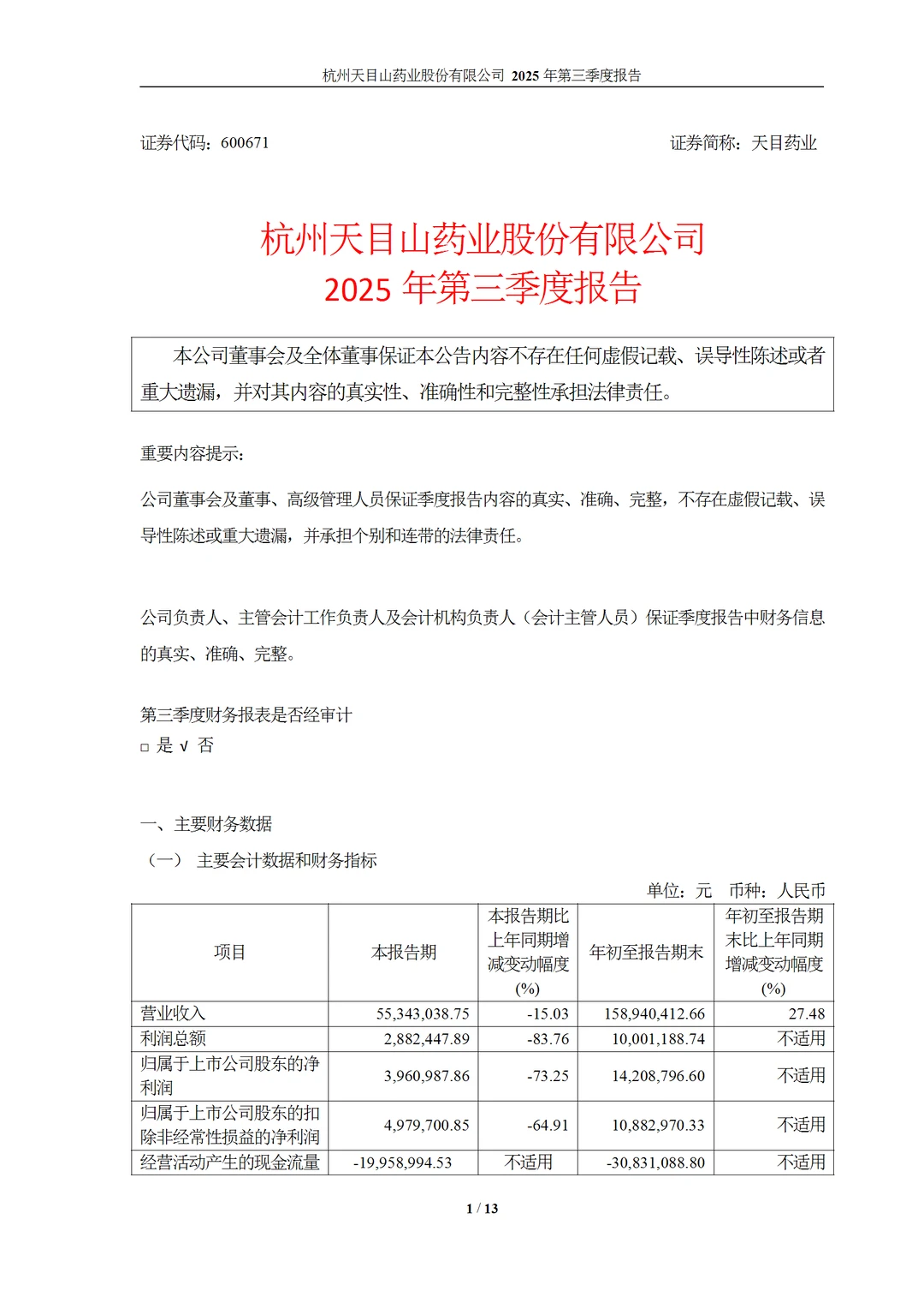 天目山药业 2025年第三季度报告解读