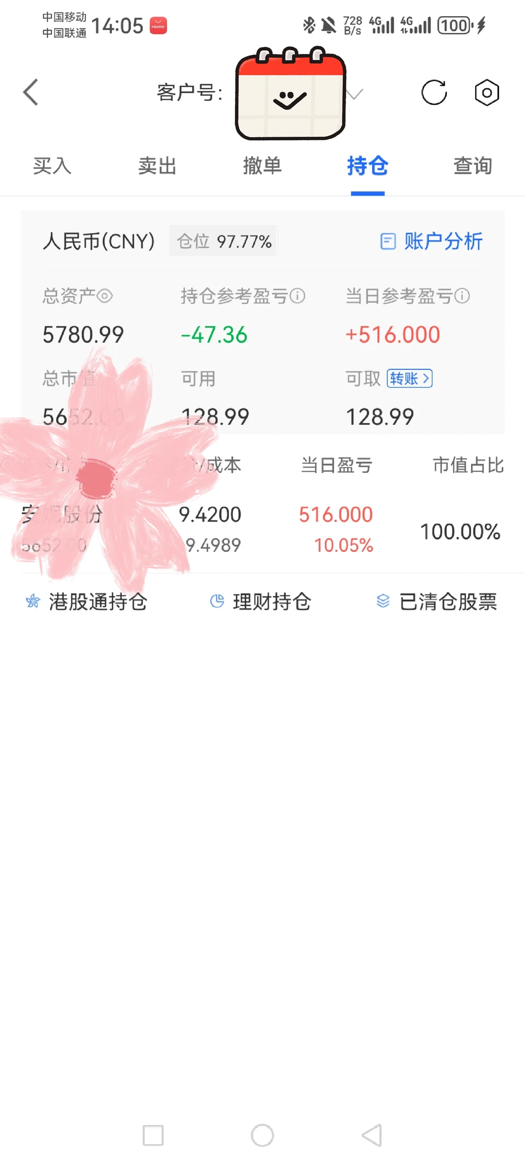 男大炒股5000块冲5万（第72天5780元）