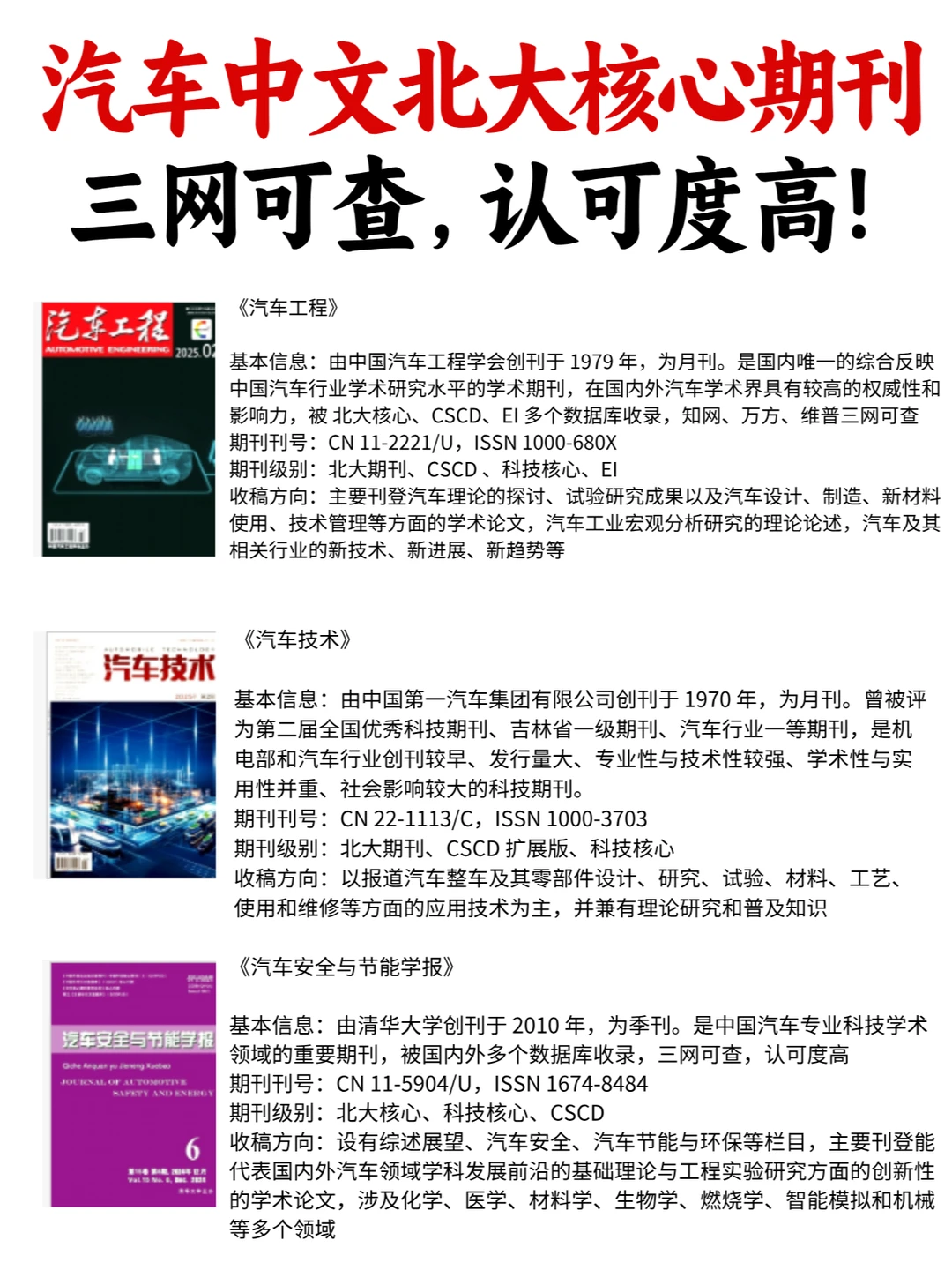 汽车中文北大核心期刊，三网可查，认可度高