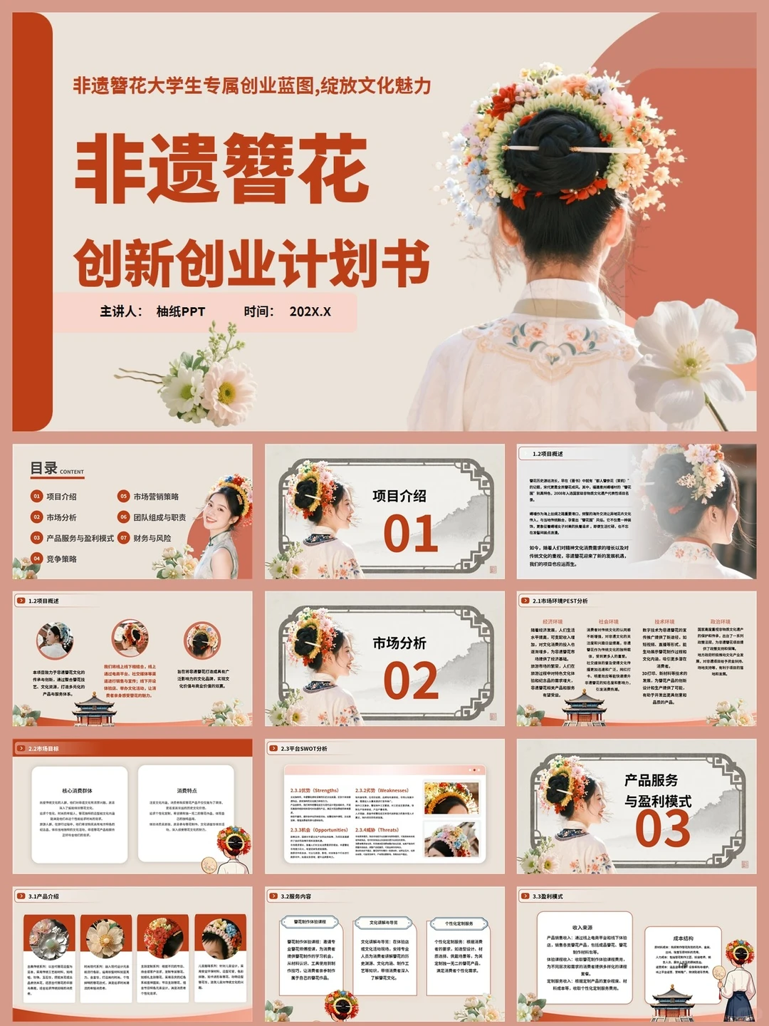 非遗簪花大学生创业计划书ppt和word