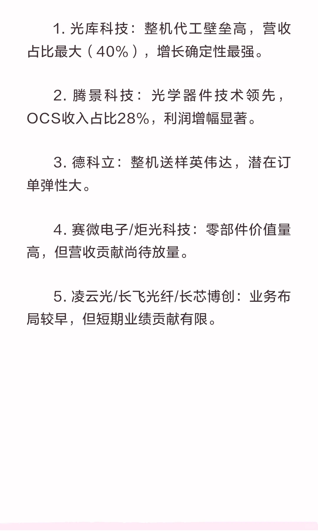 主要谷歌OCS概念股业务、规模及利润影响