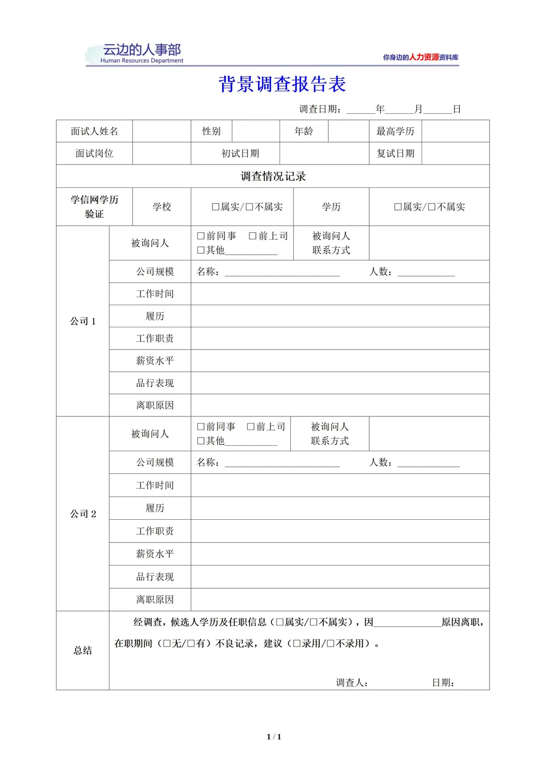 员工入职背景调查内容及调查报告模板