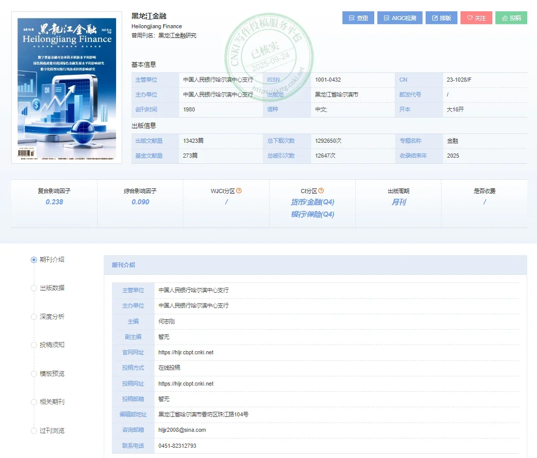 《黑龙江金融》已录用！来稿就收！！！