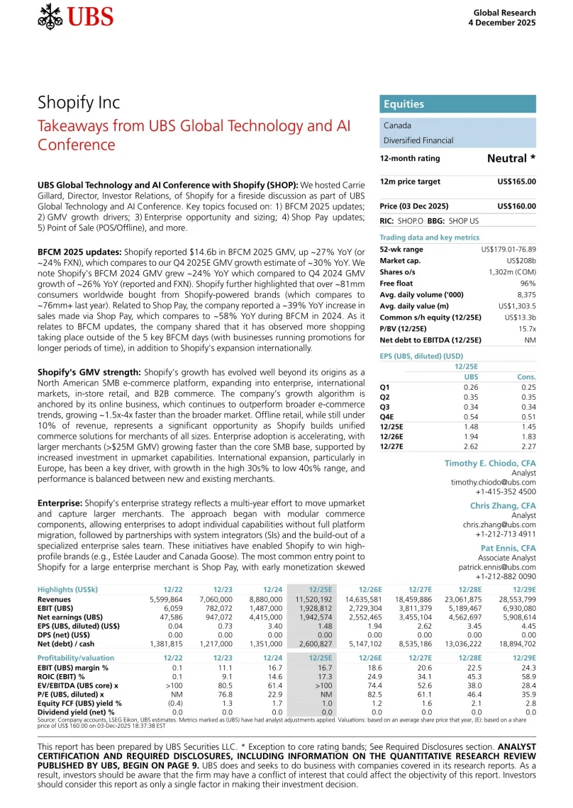 瑞银研报，Shopify黑五增长超预期，战略转向