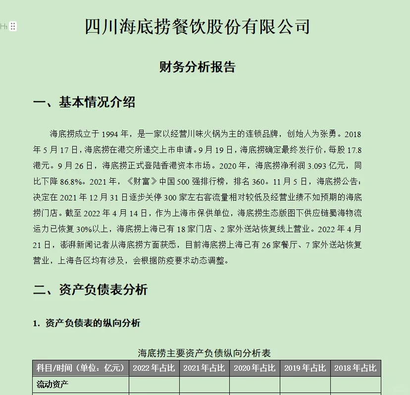 海底捞财务分析报告，上市公司财务分析报告