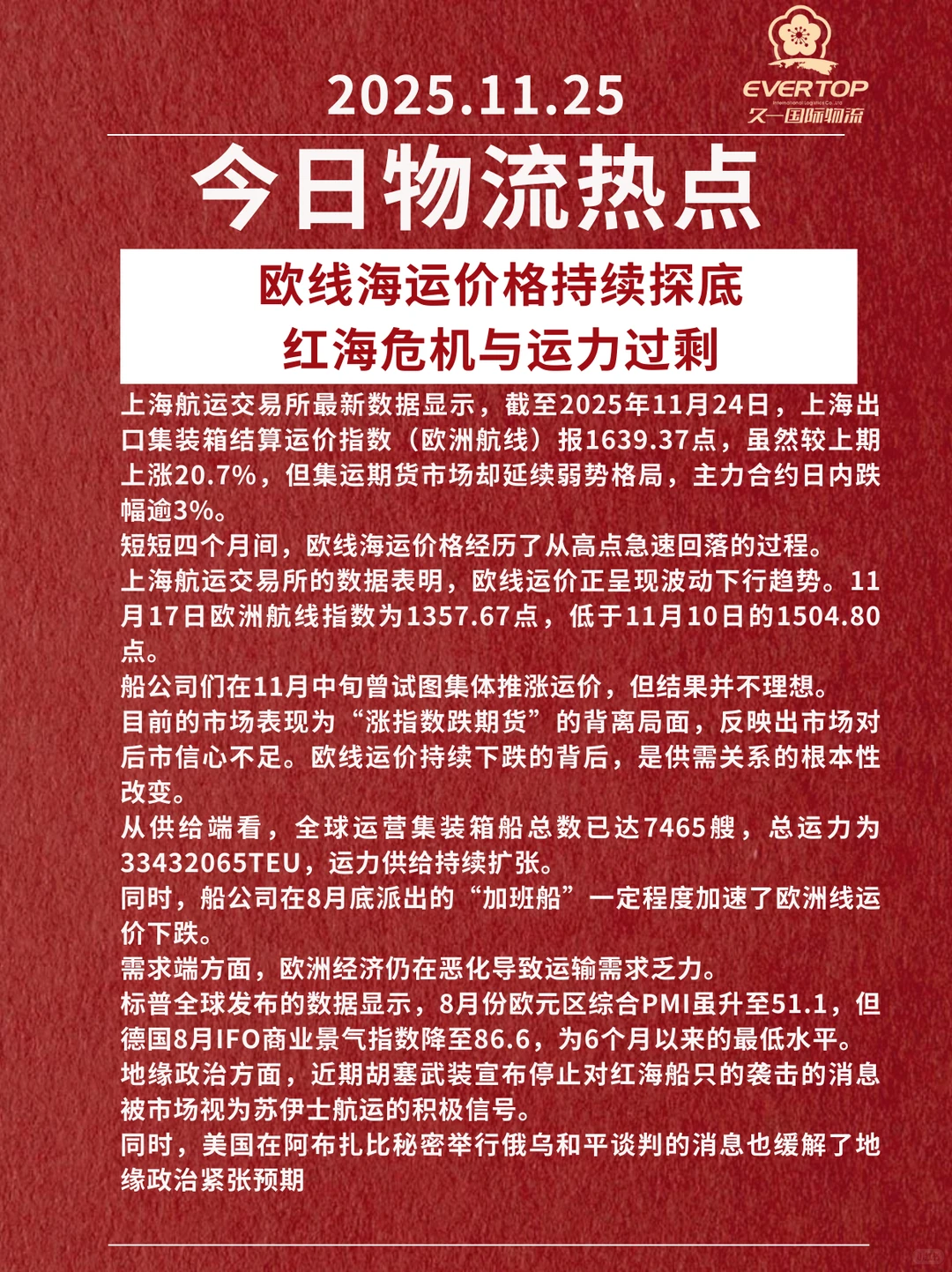 11.25今日物流热点欧线运价持续下低