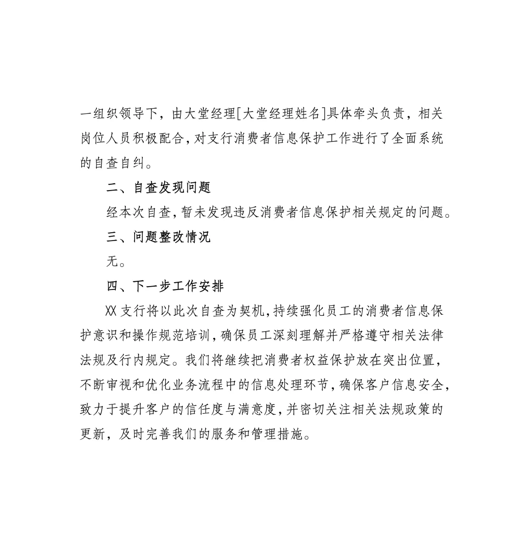 XX支行消费者保护自查报告?直接用