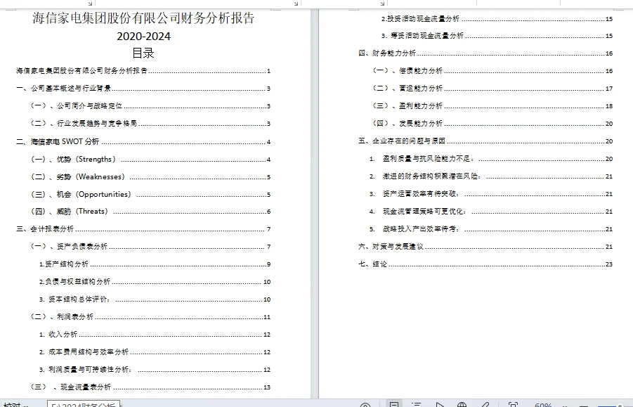 海信家电财务分析报告2020-2024