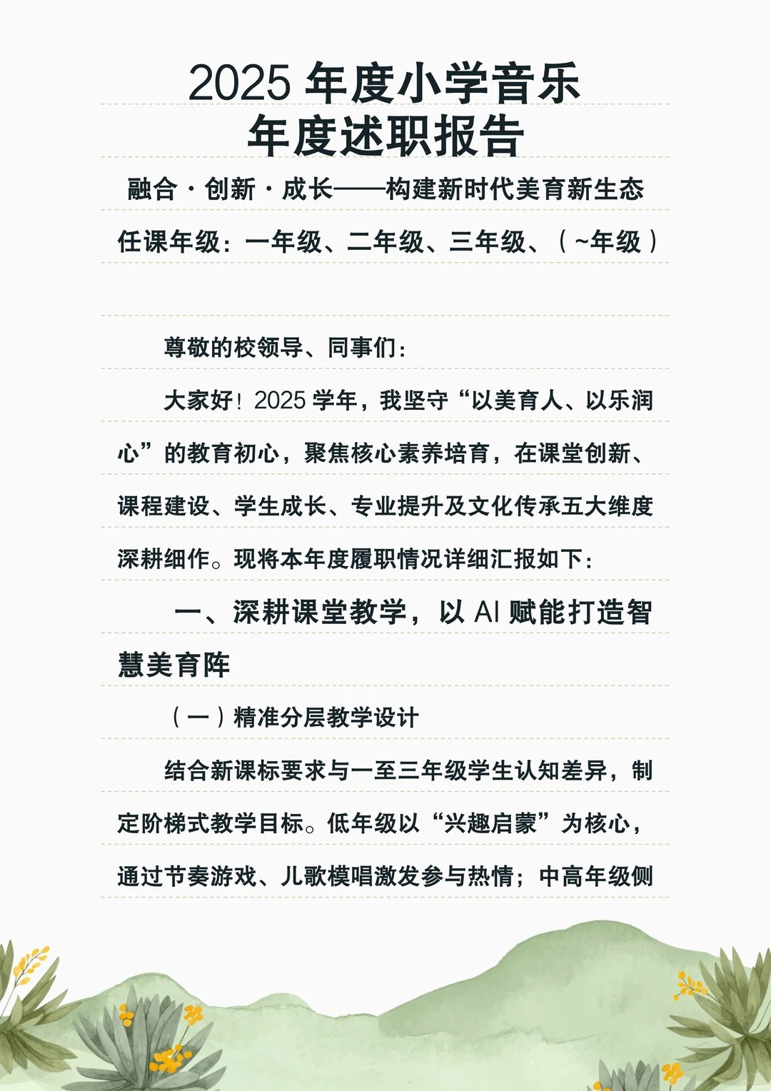 准备好了吗!这份全新小学音乐述职报告拿下!