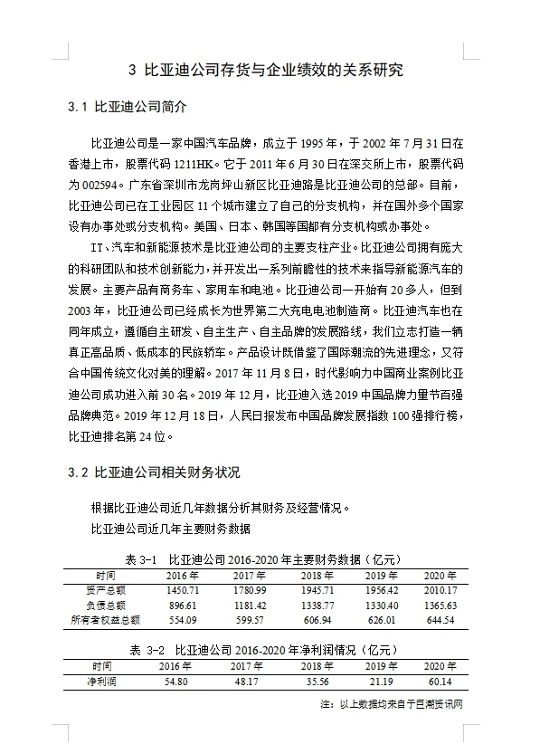比亚迪公司存货与企业绩效的关系研究