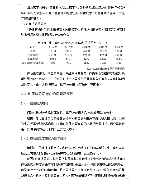 比亚迪公司存货与企业绩效的关系研究