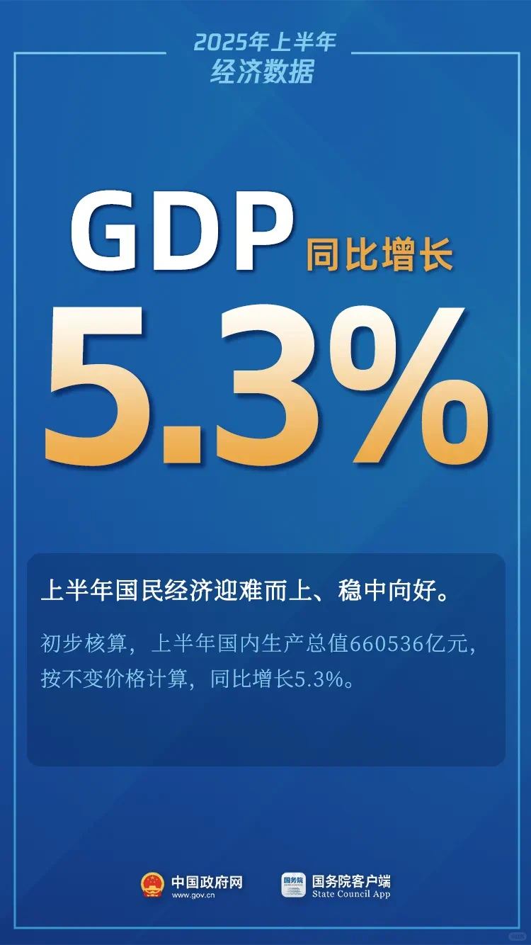 2025上半年我国GDP同比增长5.3%