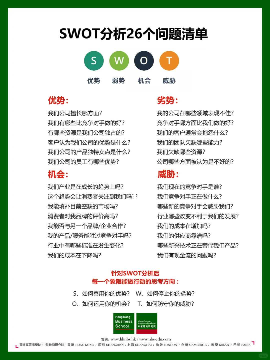 优势、劣势、机会、威胁，SWOT26个问题清单