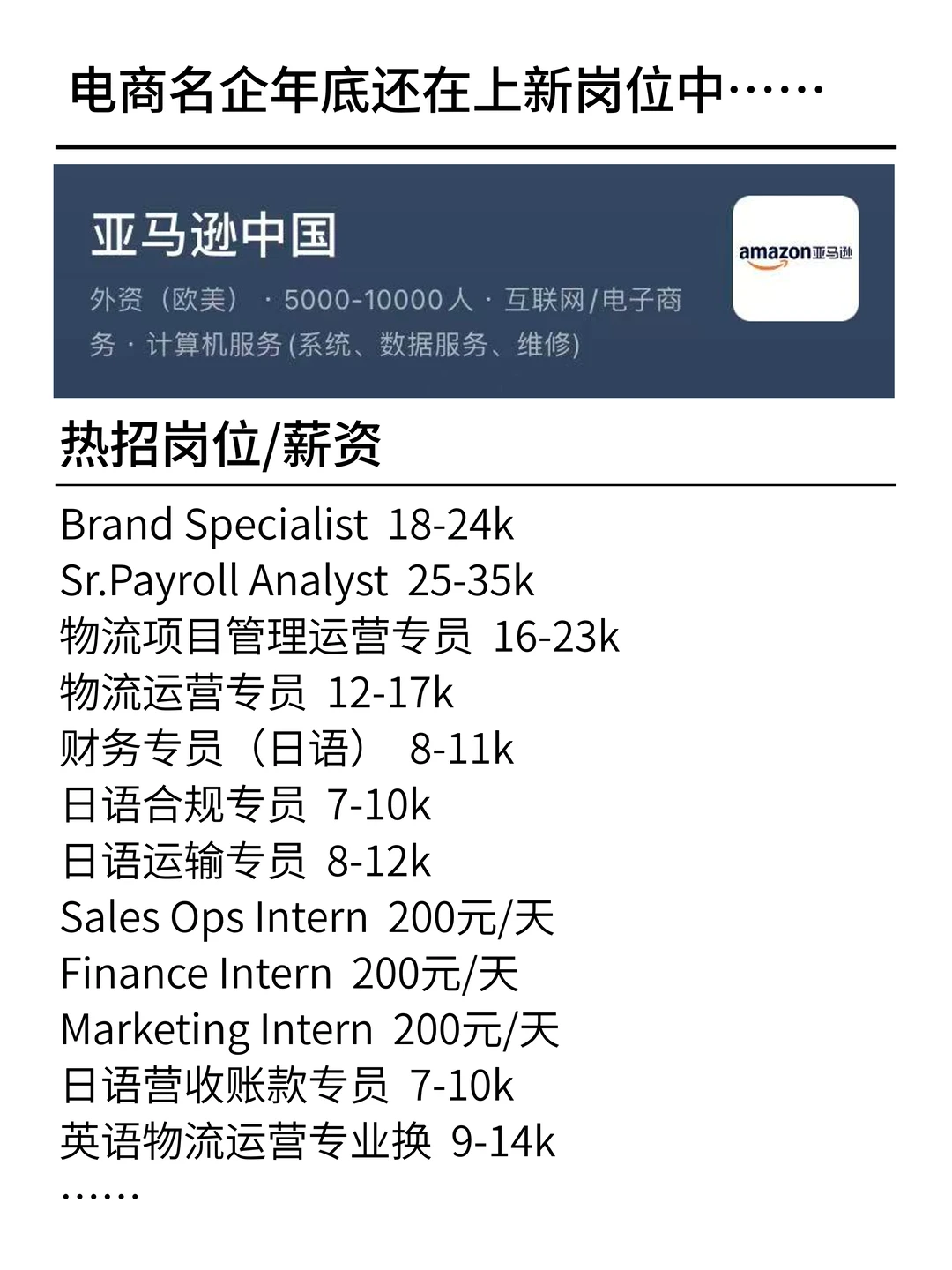 年底冲刺！拼多多/京东/亚马逊等岗位上新