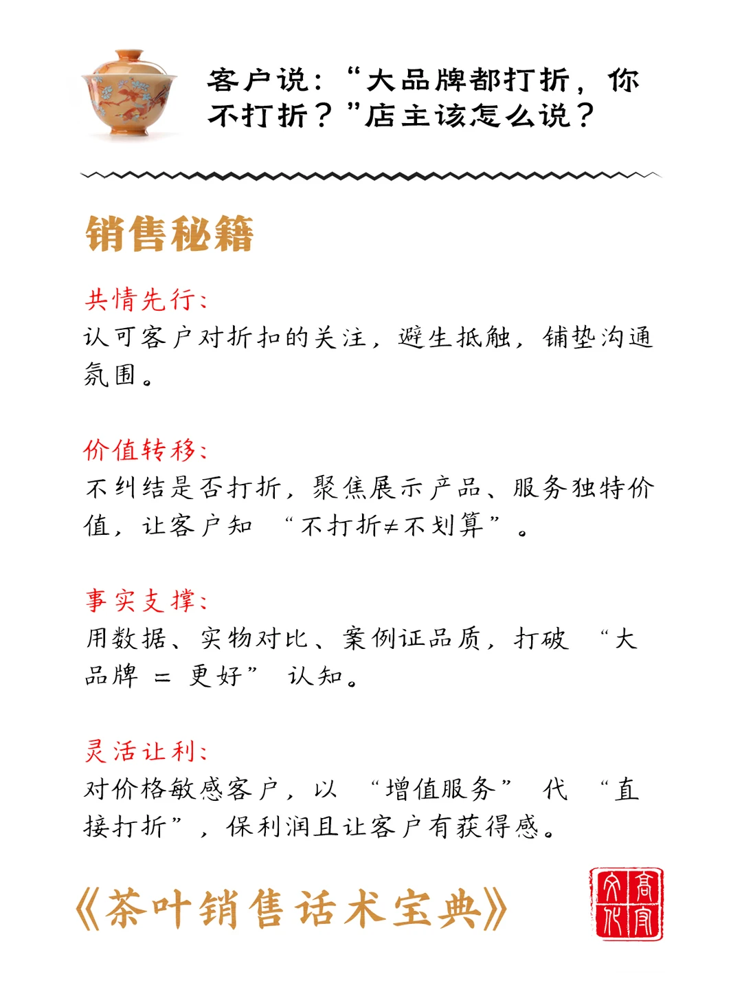 “大品牌茶都打折,你不打折?”你怎么说?