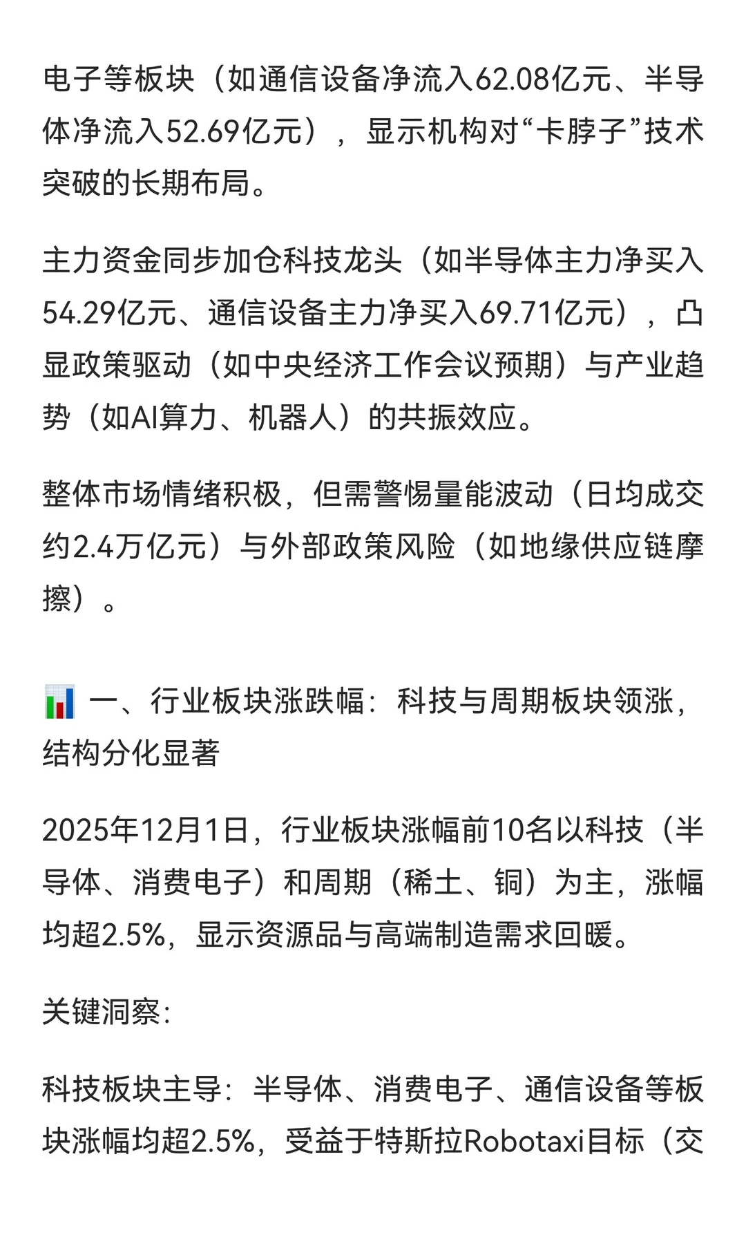 ? A股2025年12月1日行业数据总结：