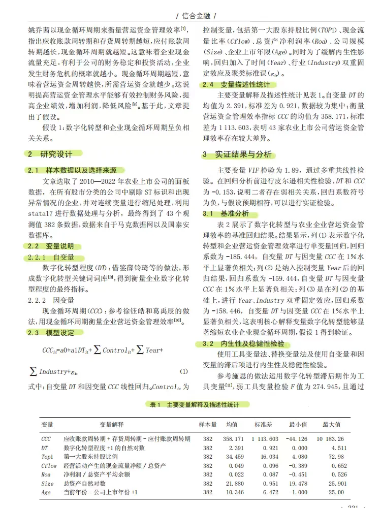 数字化转型对农业企业营运资金管理效率的影