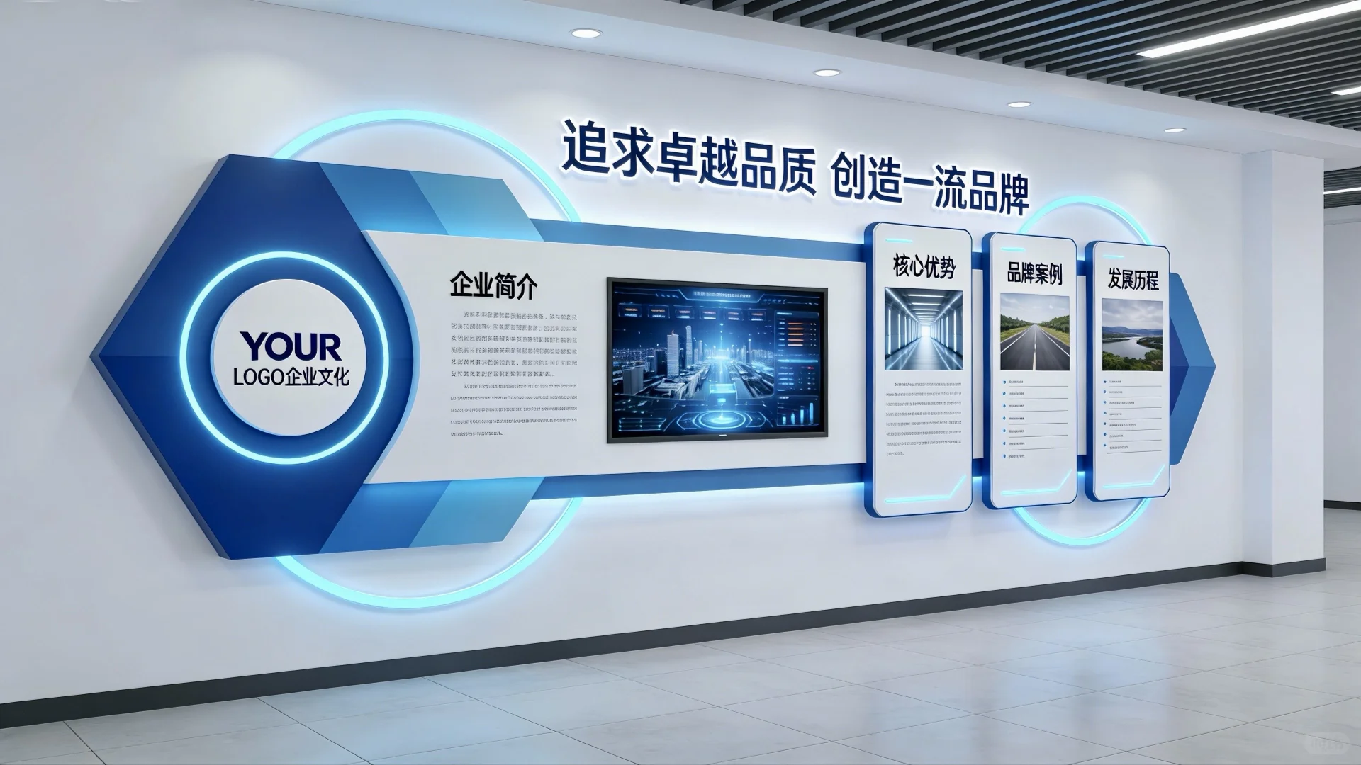 这款企业文化墙设计走的是科技蓝现代风