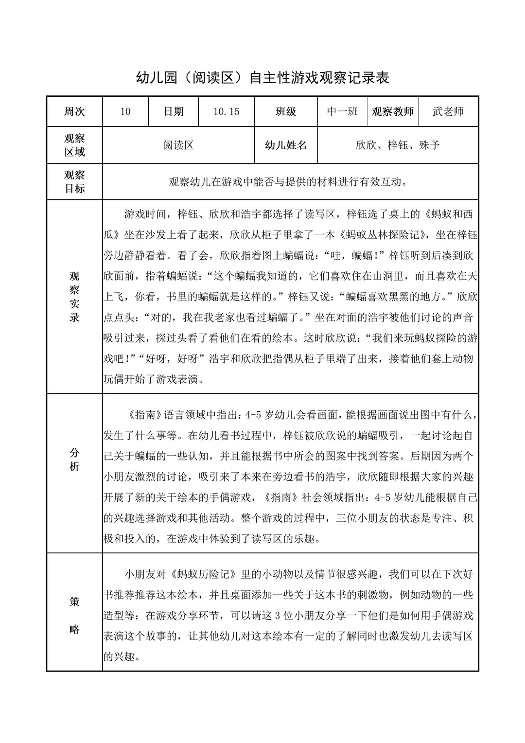 幼儿园中班【阅读区】自主游戏观察记录