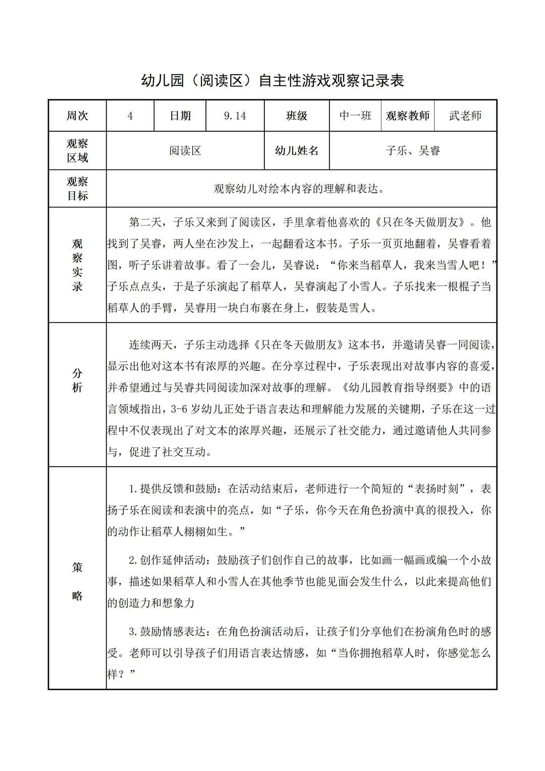 幼儿园中班【阅读区】自主游戏观察记录