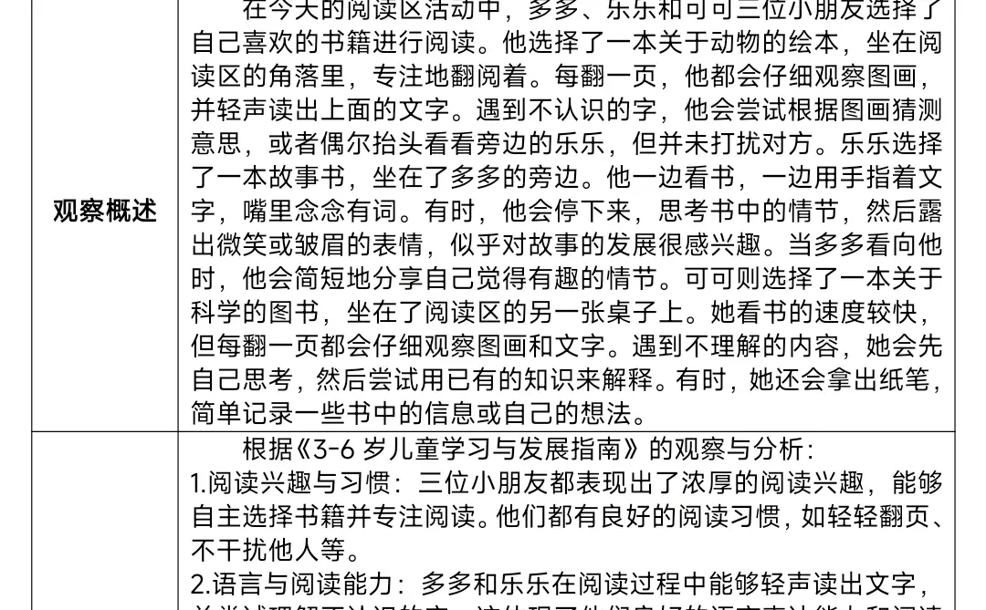 幼儿园大班2025年秋季学期语言区观察记录表