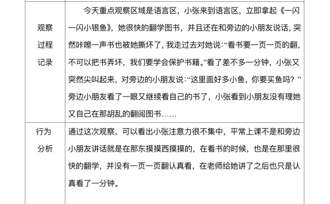 幼儿园语言区区域观察记录表