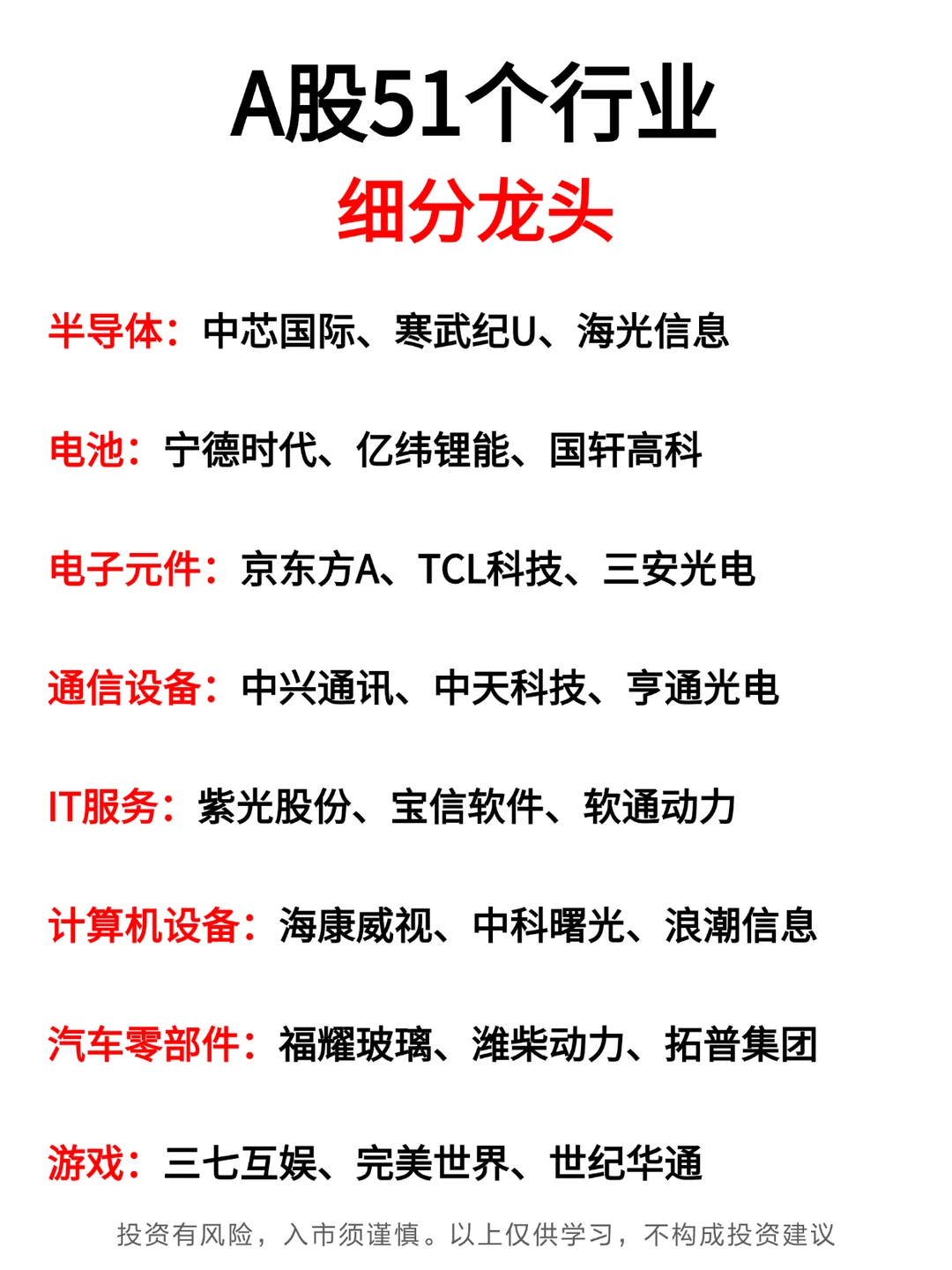 大A 51个领域的细分龙头！