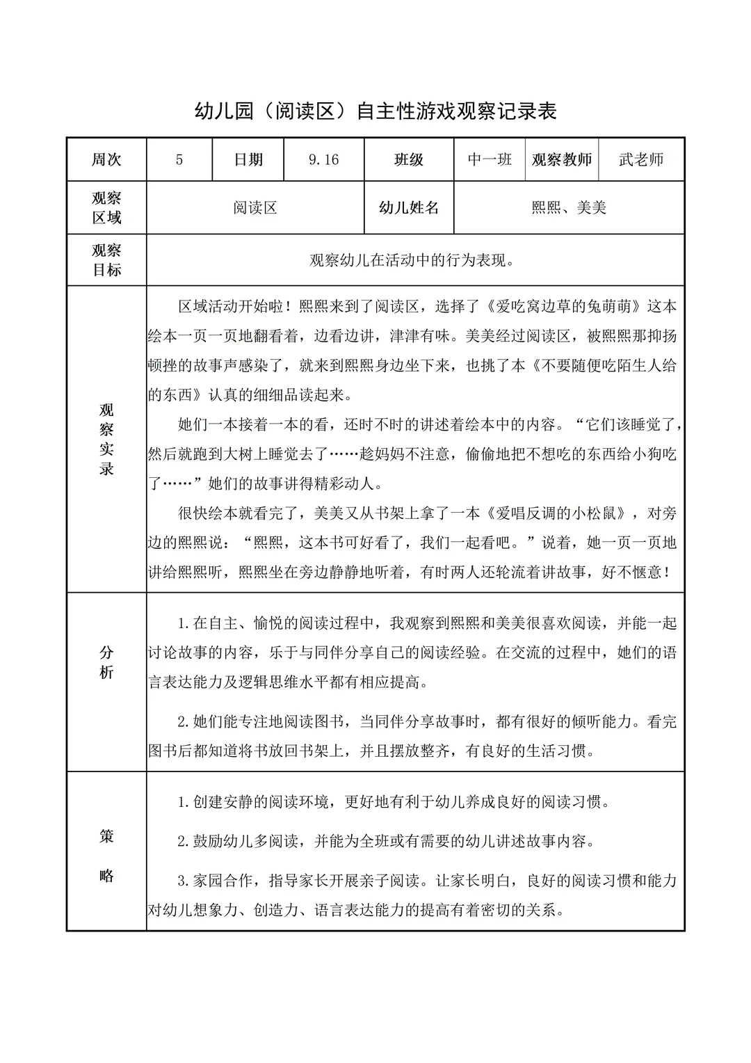 幼儿园中班【阅读区】自主游戏观察记录
