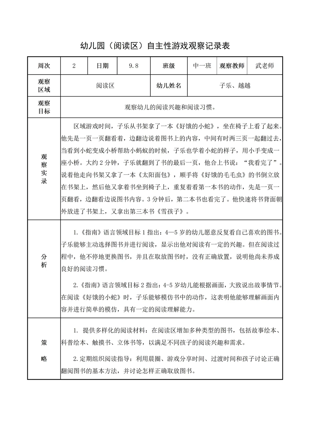 幼儿园中班【阅读区】自主游戏观察记录