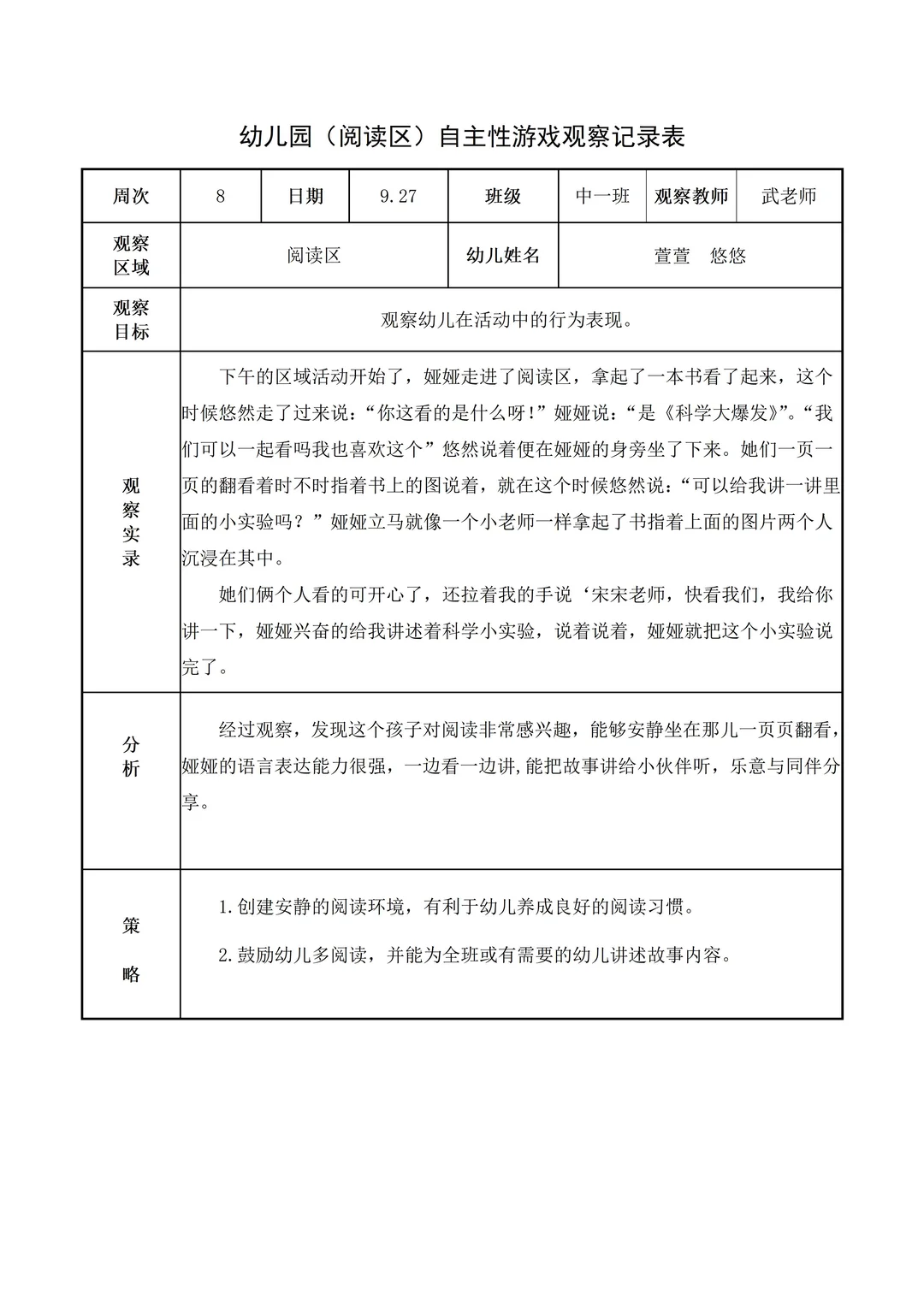 幼儿园中班【阅读区】自主游戏观察记录