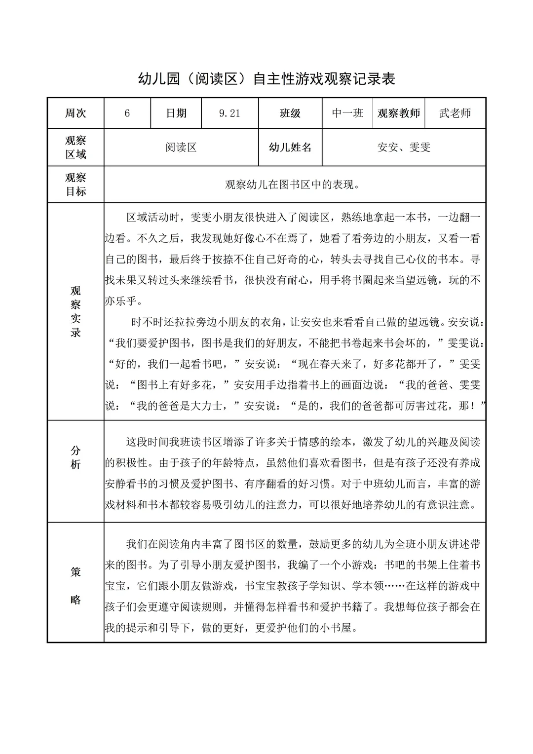 幼儿园中班【阅读区】自主游戏观察记录