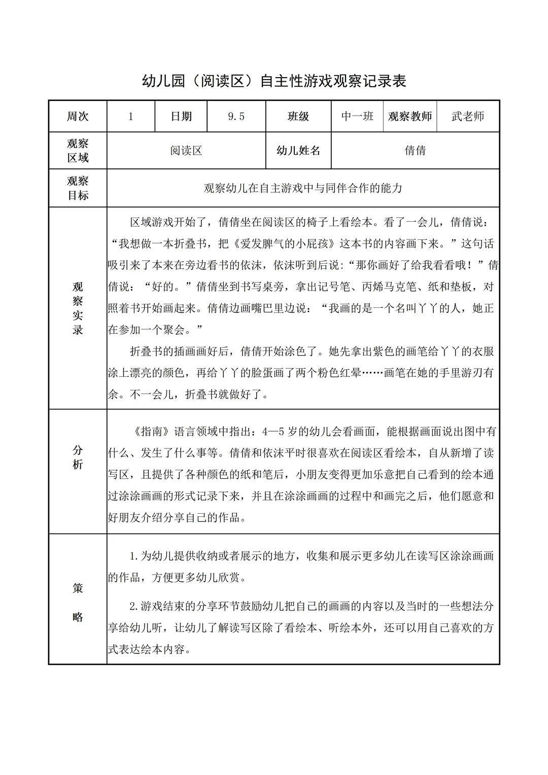 幼儿园中班【阅读区】自主游戏观察记录