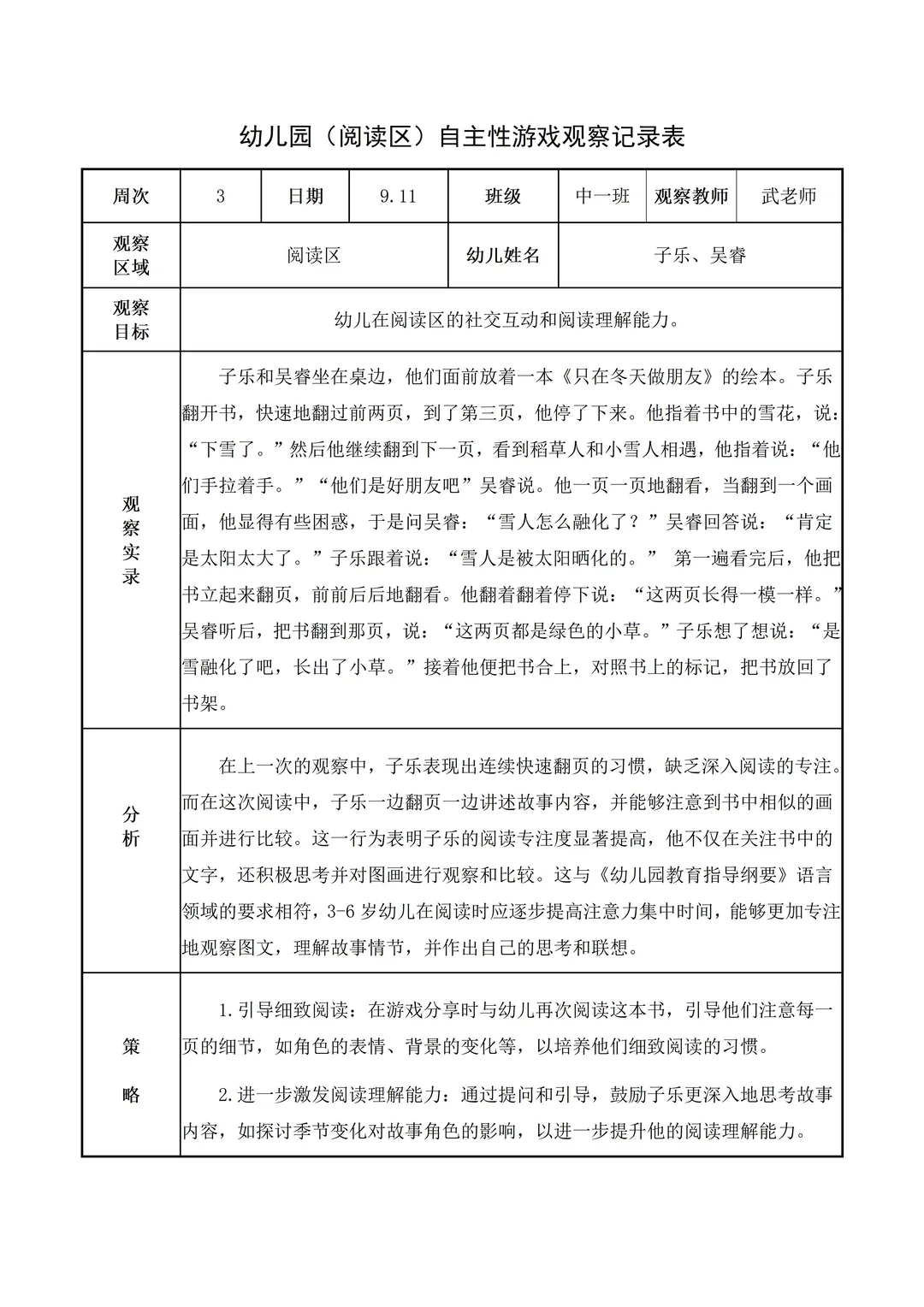 幼儿园中班【阅读区】自主游戏观察记录