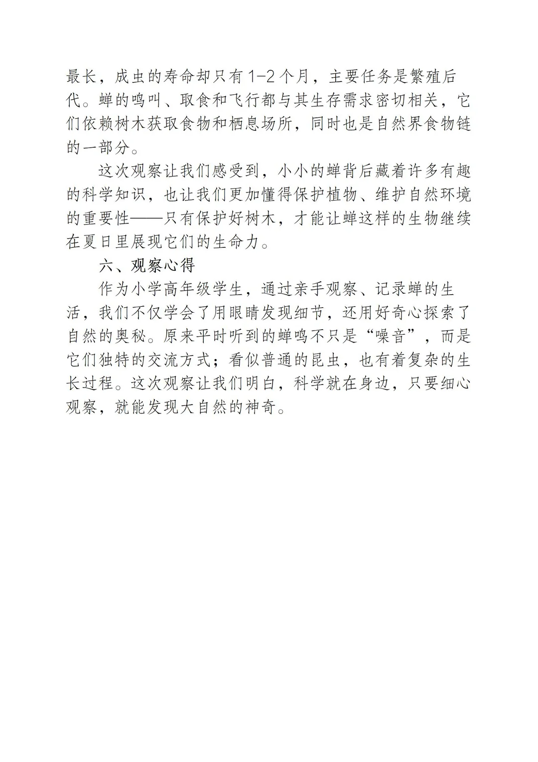 蝉 小学高年级组 科学观察报告 一等奖必看