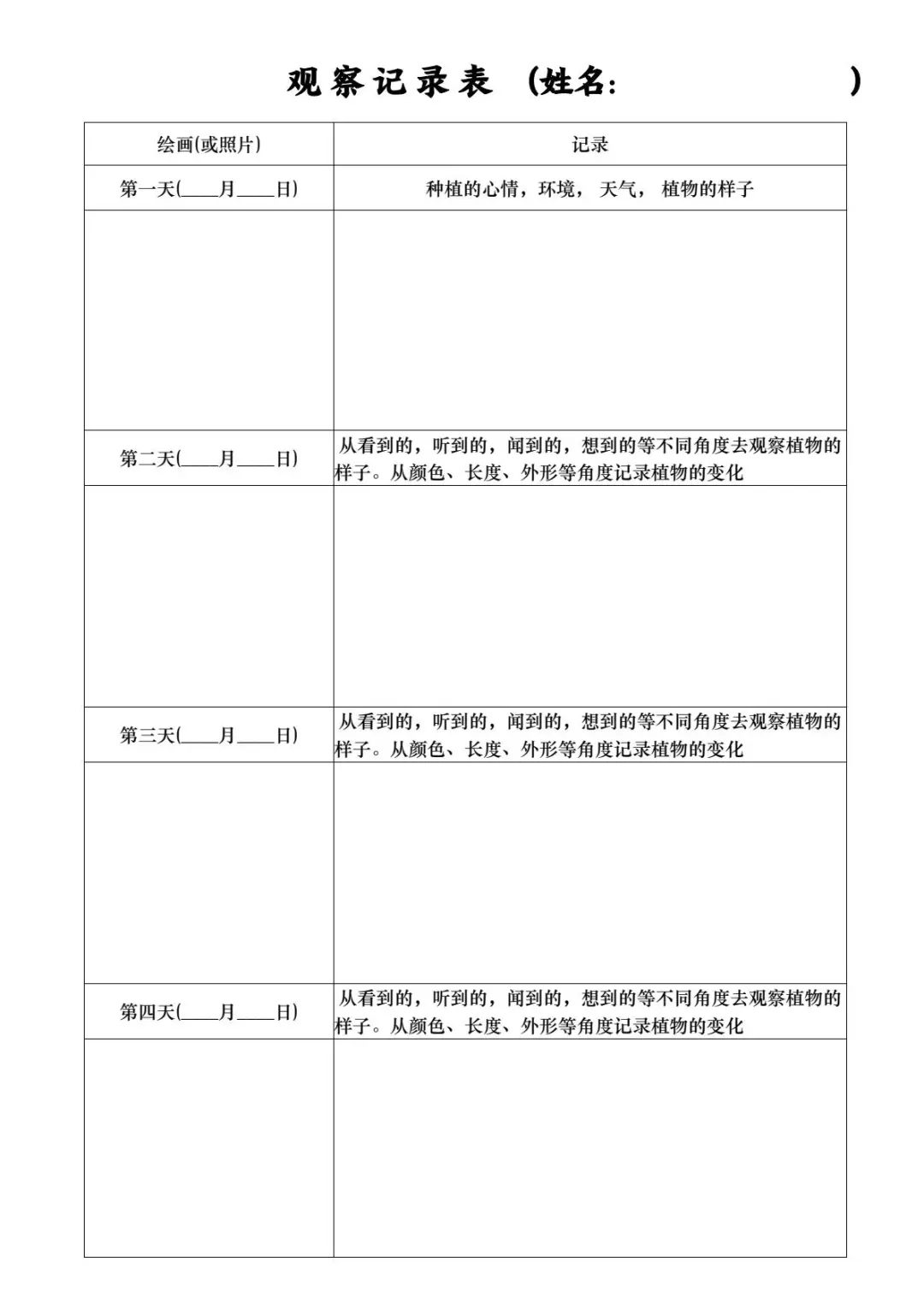 四上语文第三单元观察日记习作表