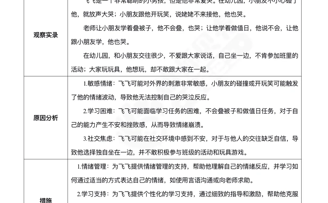 幼儿园小班个案观察记录表