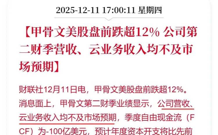 营收不及预期 甲骨文美股盘前跌超12%