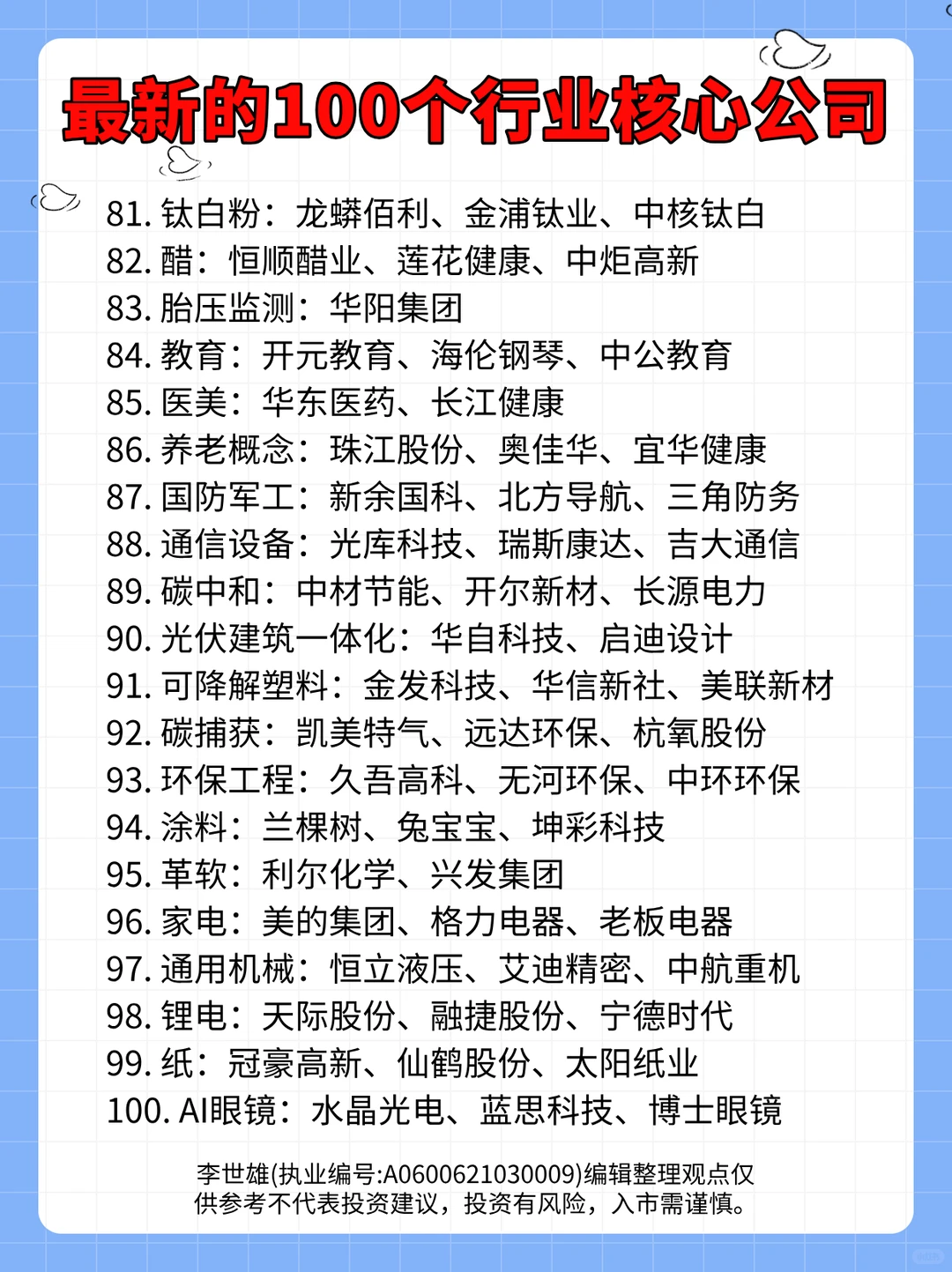 最新100个行业核心龙头！值得一看！