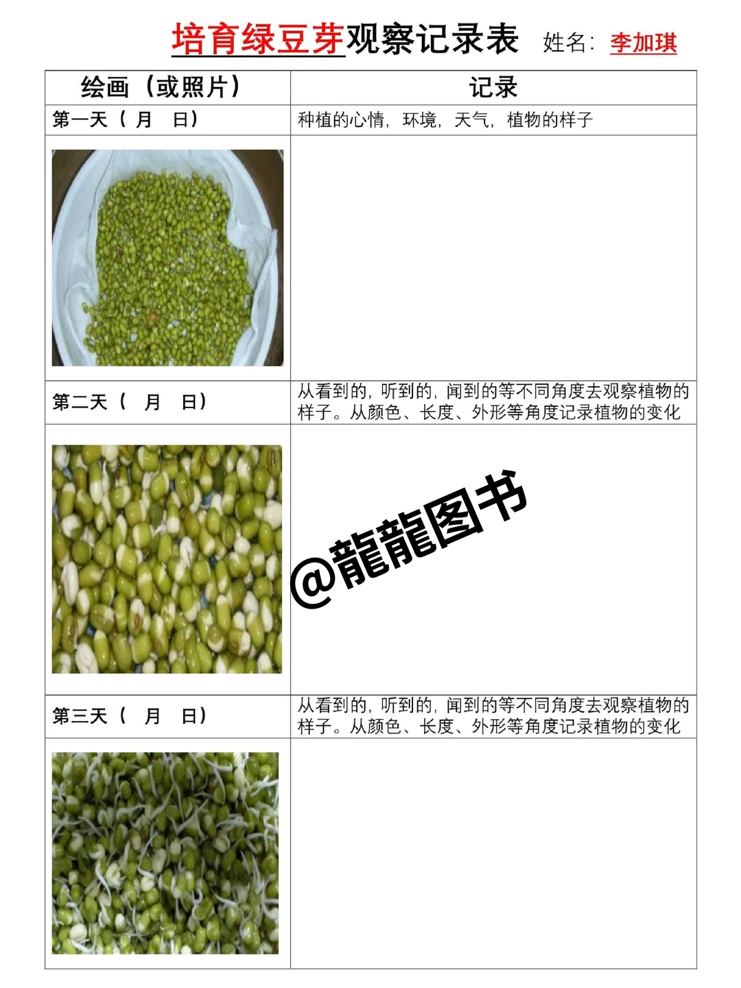 四年级上册语文第三单元观察记录表