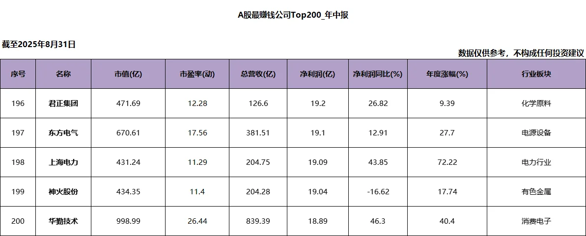A股净利润Top200_2025年中报