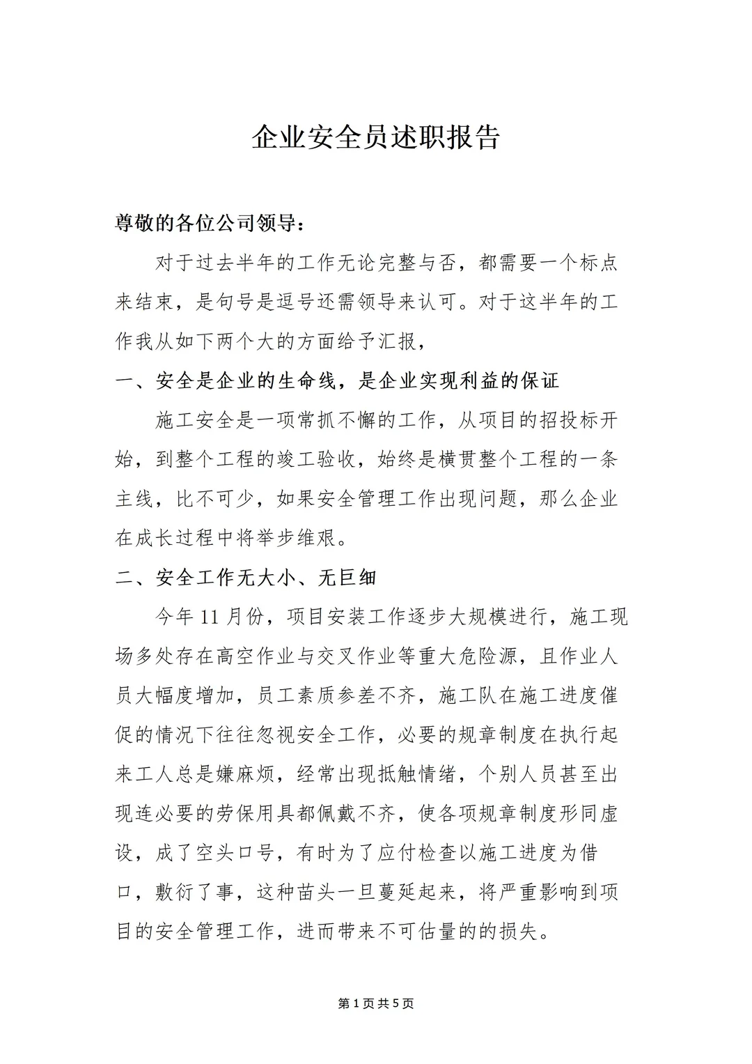 【述职】企业安全员年度述职报告（5页）