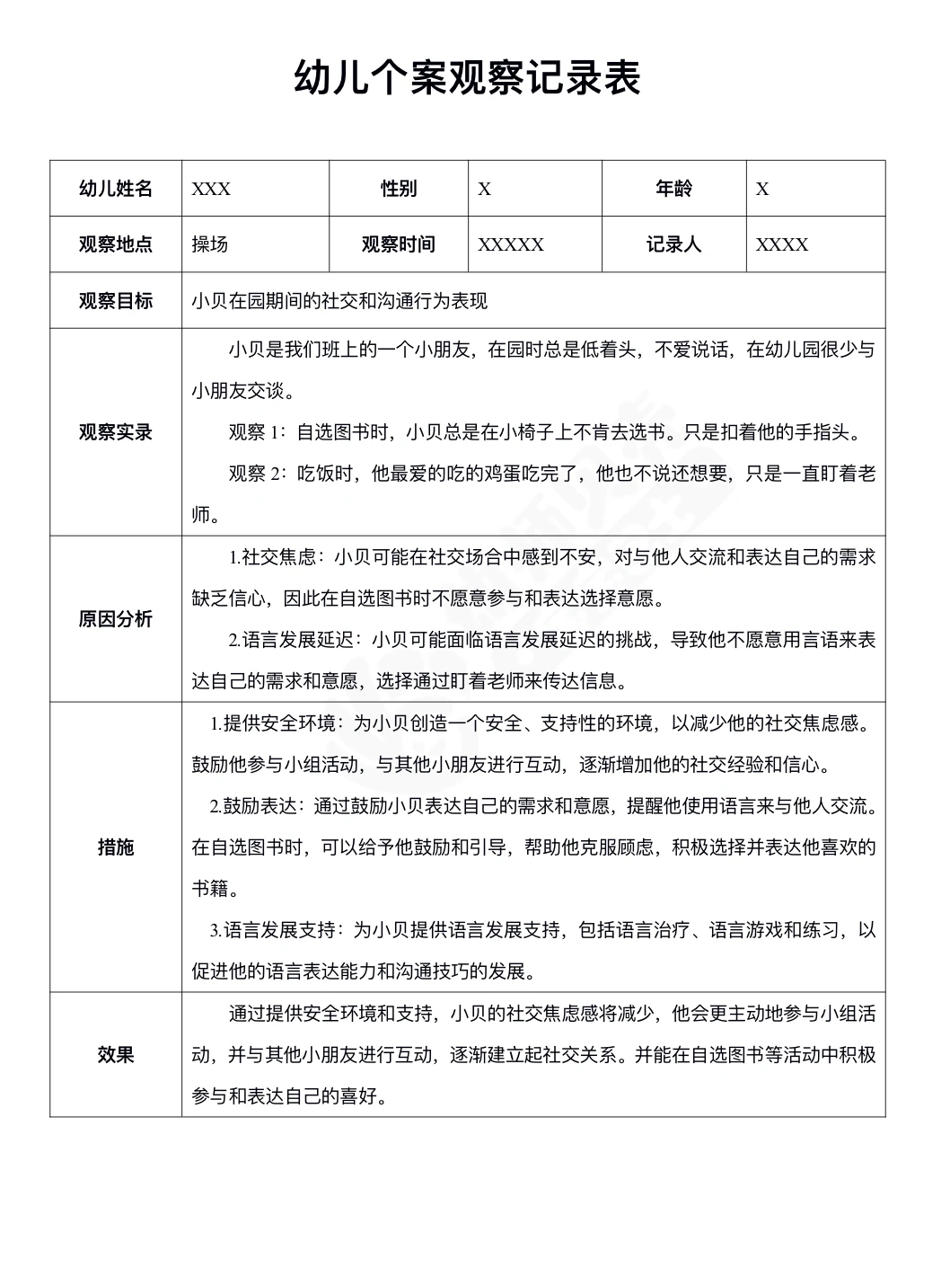 幼儿园小班个案观察记录表