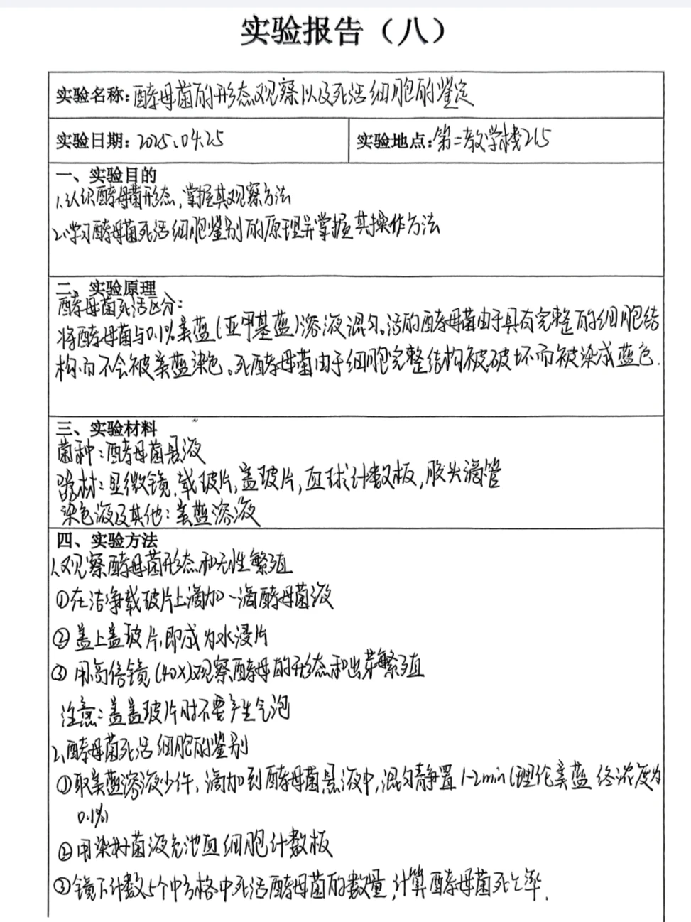 酵母菌的形态观察及死活细胞的鉴定实验报告
