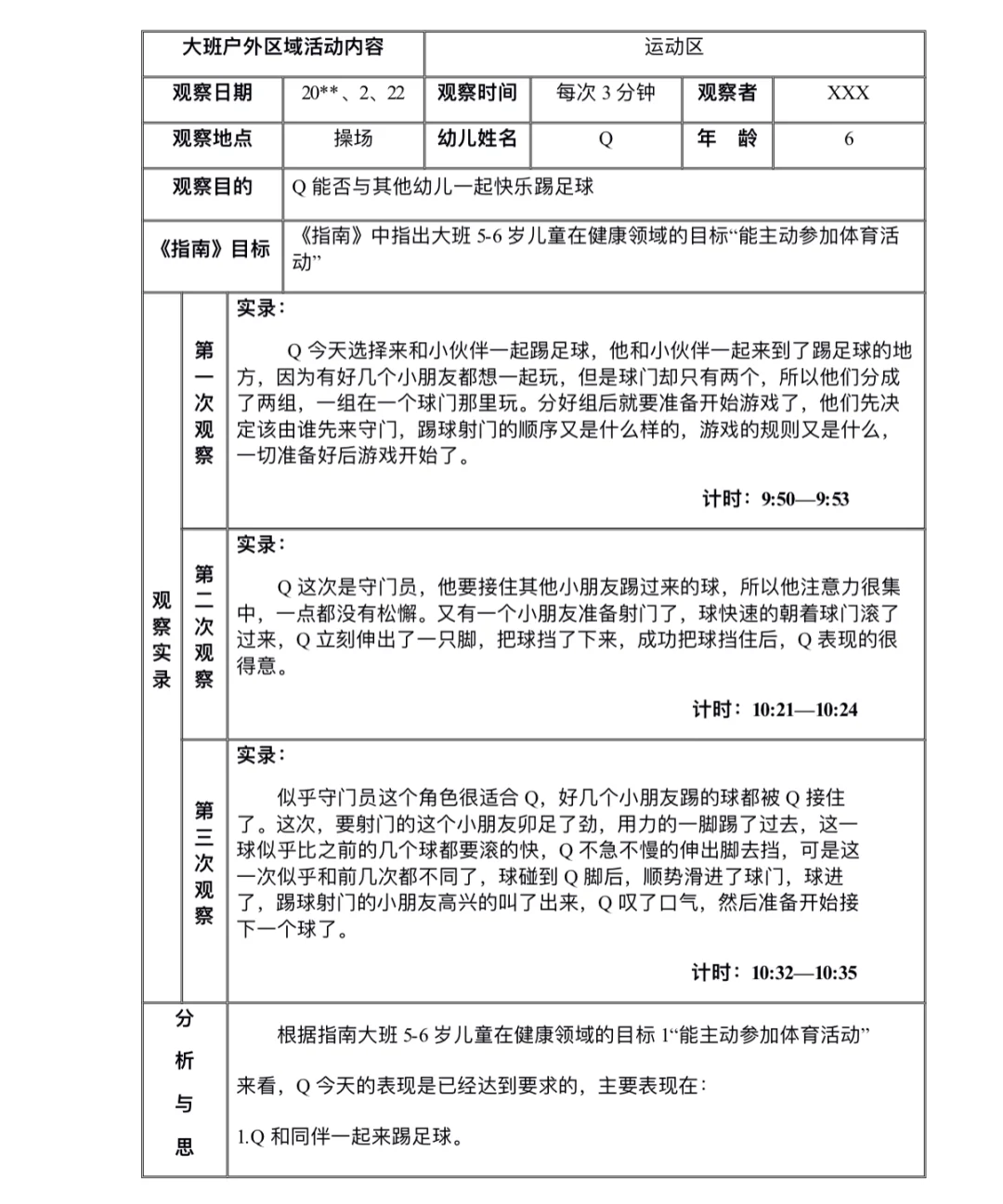 大班户外区域活动观察记录｜35篇