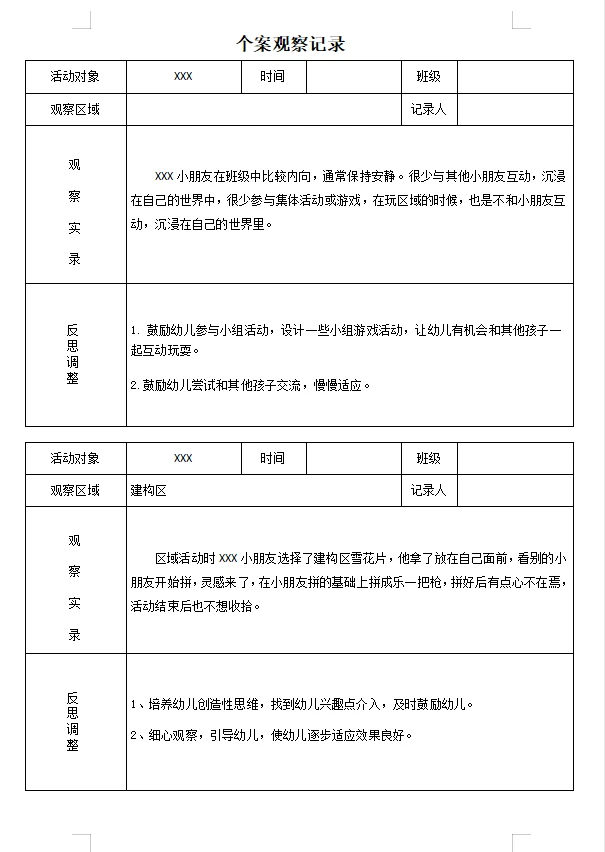 幼儿园个人观察记录