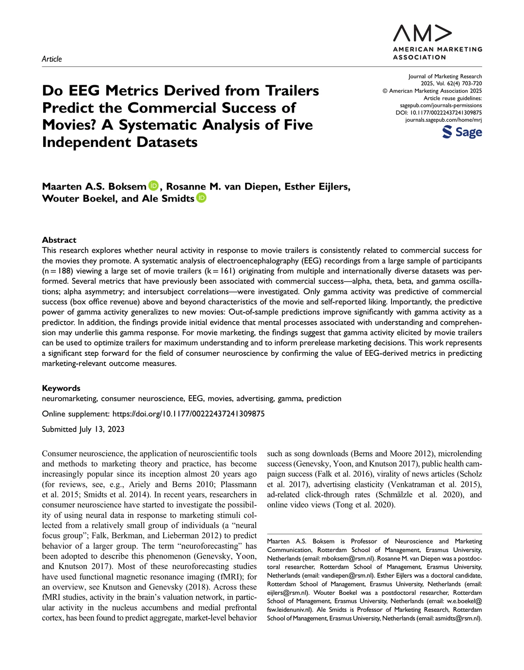 JMR：预告片的脑电指标能预测电影的成功吗?