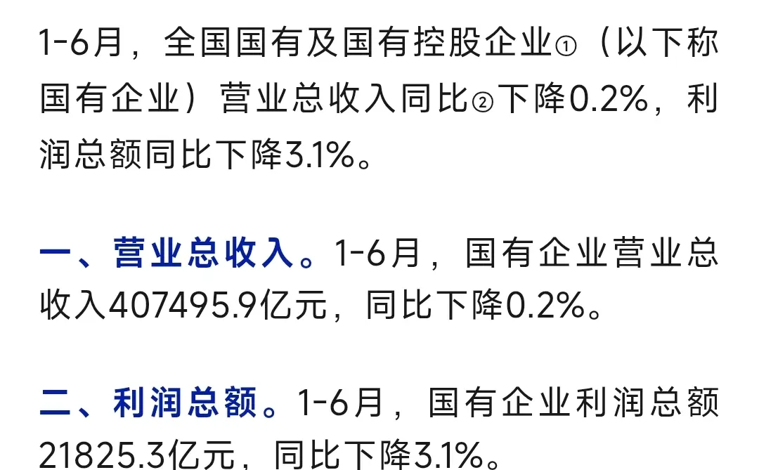 2025年1-6月国有控股企业经济运行情况