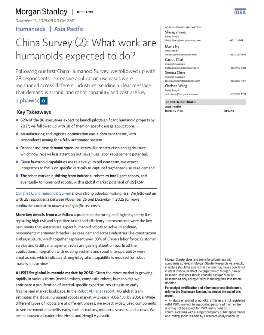 摩根士丹利研报，中国人形机器人市场调研